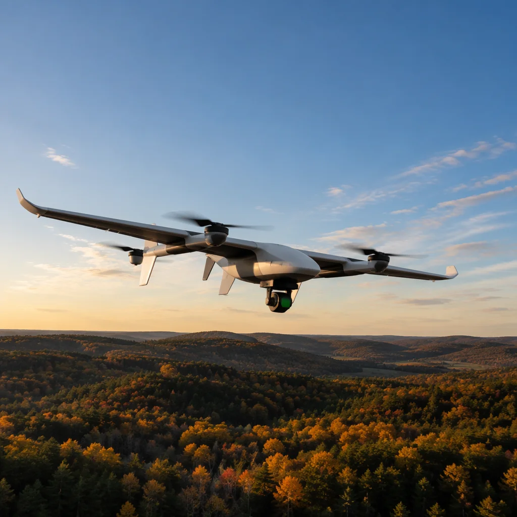 VTOL fixed-wing mapping drone in flight over forest canopy with LiDAR sensor pod