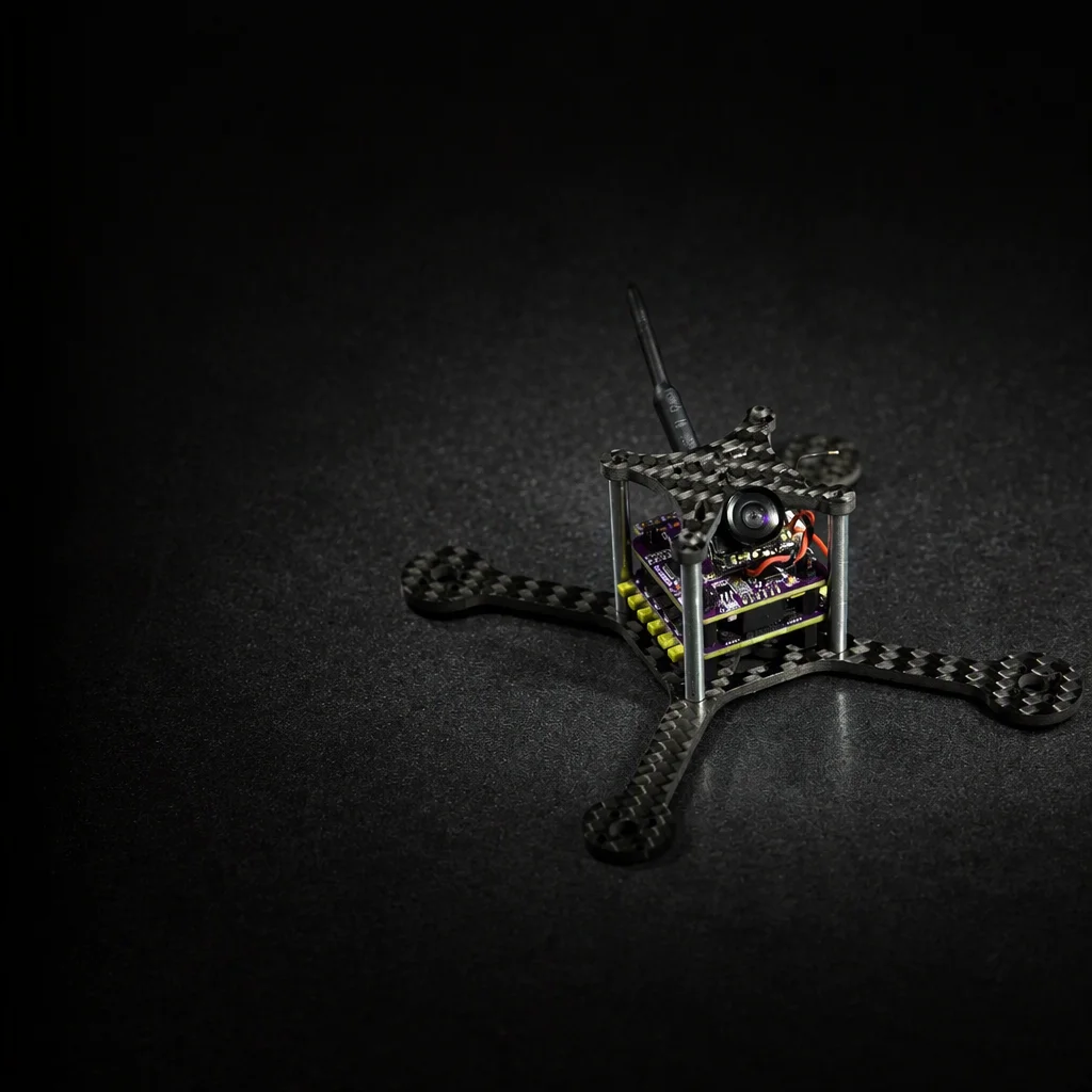 Conceptual drone inspecting a high-voltage power transmission tower with thermal camera payload