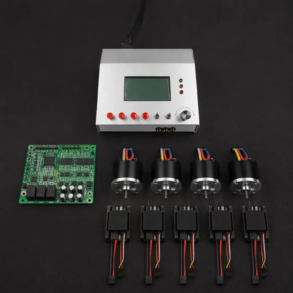 Electronics test bench with power supply and measurement instruments
