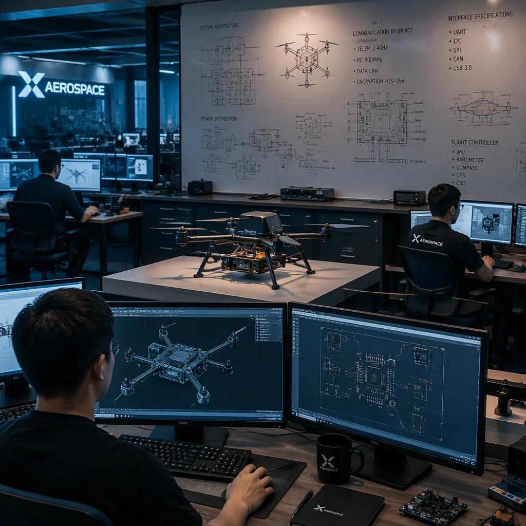 Conceptual aerospace engineering workspace with UAV system references
