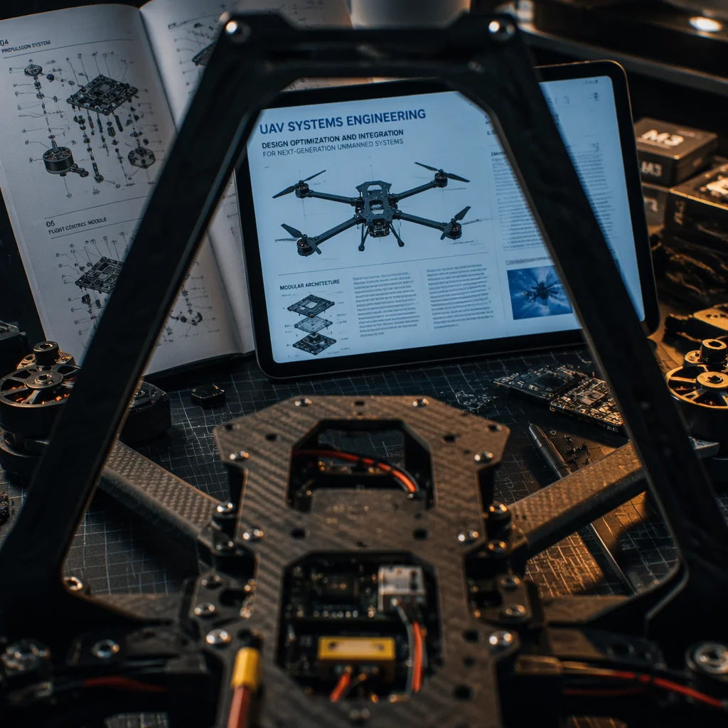 Conceptual editorial workspace with UAV schematics and component references