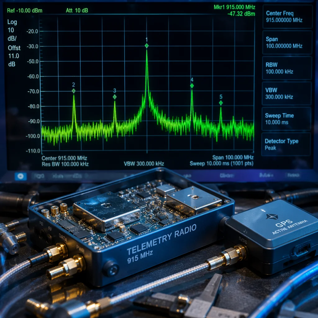 Conceptual UAV communication system with telemetry radio, antenna and ground station visualization