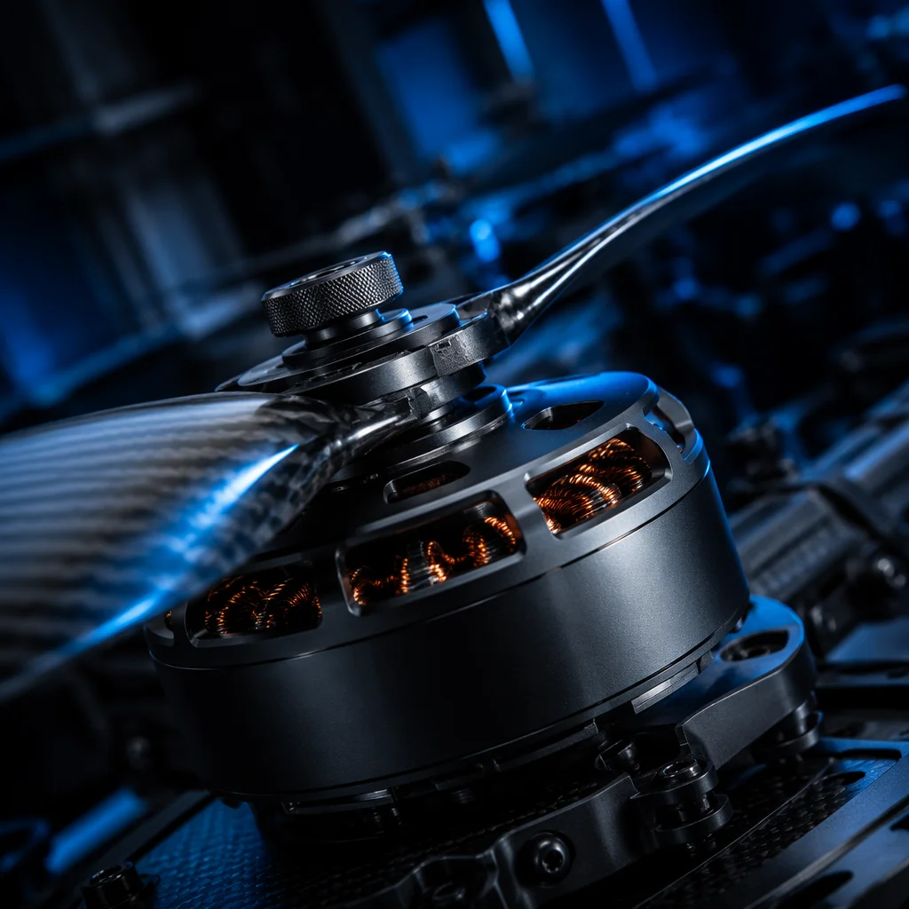 Conceptual UAV brushless motor and carbon fiber propeller visualization