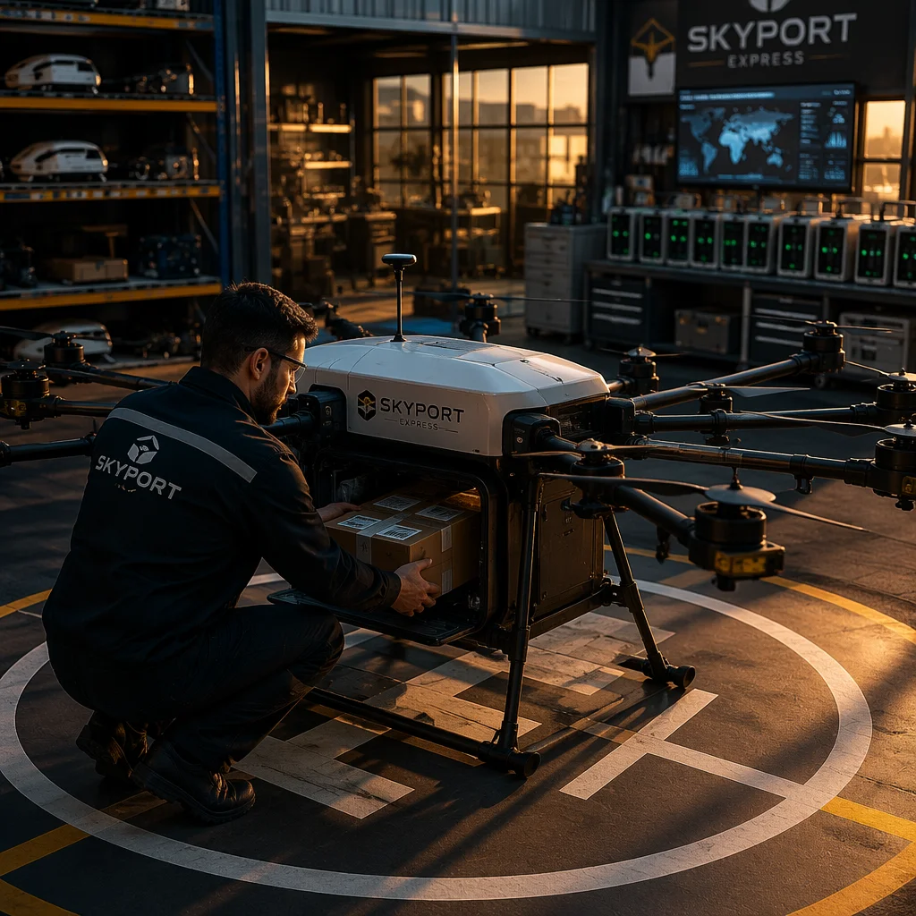 Conceptual delivery drone carrying a cargo package in urban airspace at golden hour