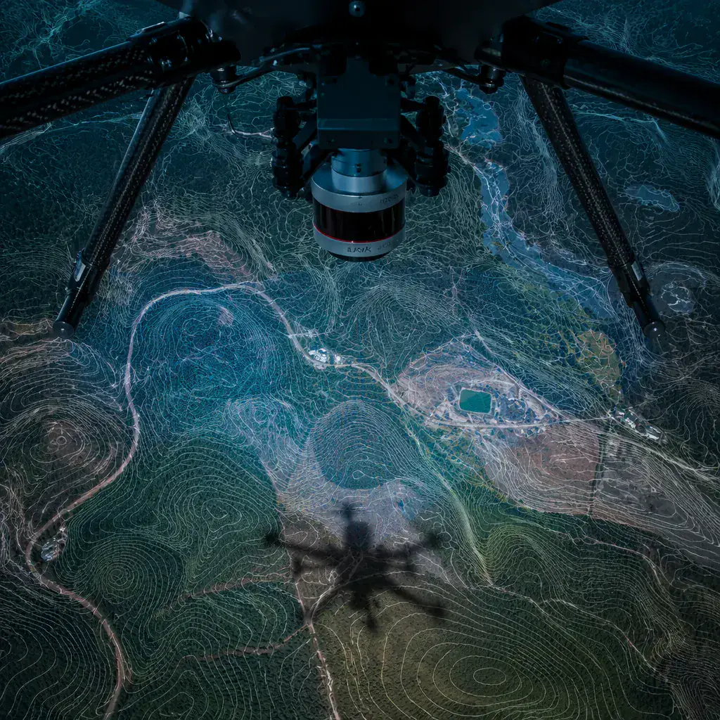 Conceptual UAV conducting aerial photogrammetry survey over terrain with orthomosaic overlay
